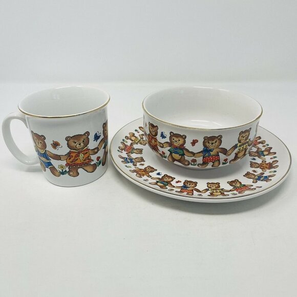 Vintage Bear Friends Action Industries Japan Child Toddler 3 Piece Dining Set - Picture 1 of 10